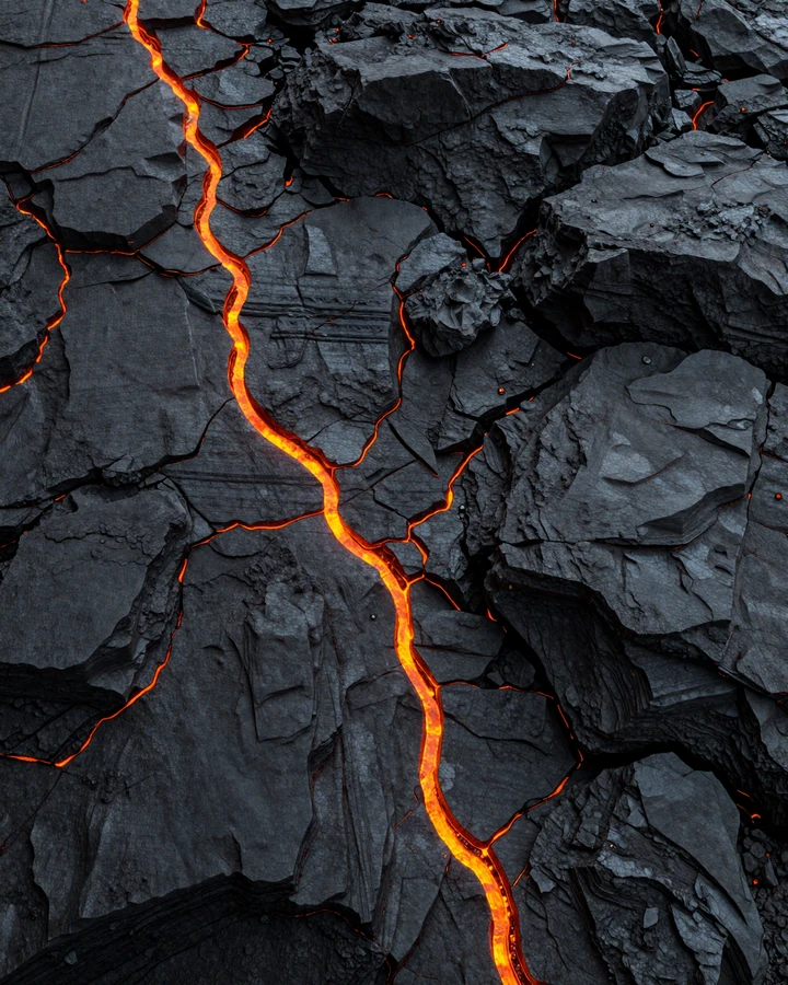 Dunkle Obsidianstein-Oberfl&auml;che mit leuchtenden orangen Magma-Adern als FAQ-Hintergrund