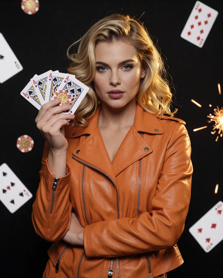 Model im orangen Lederjacke mit Spielkarten und goldenen Chips vor dunklem Casino-Hintergrund
