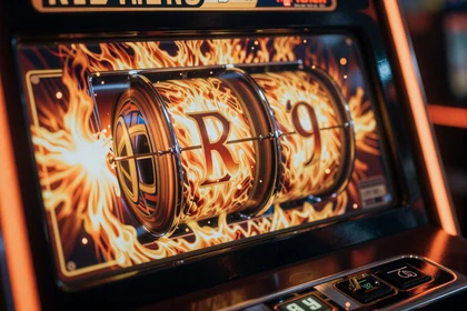 Gl&uuml;hender Slot-Automat mit rotierenden Walzen und Funken im Vox Casino