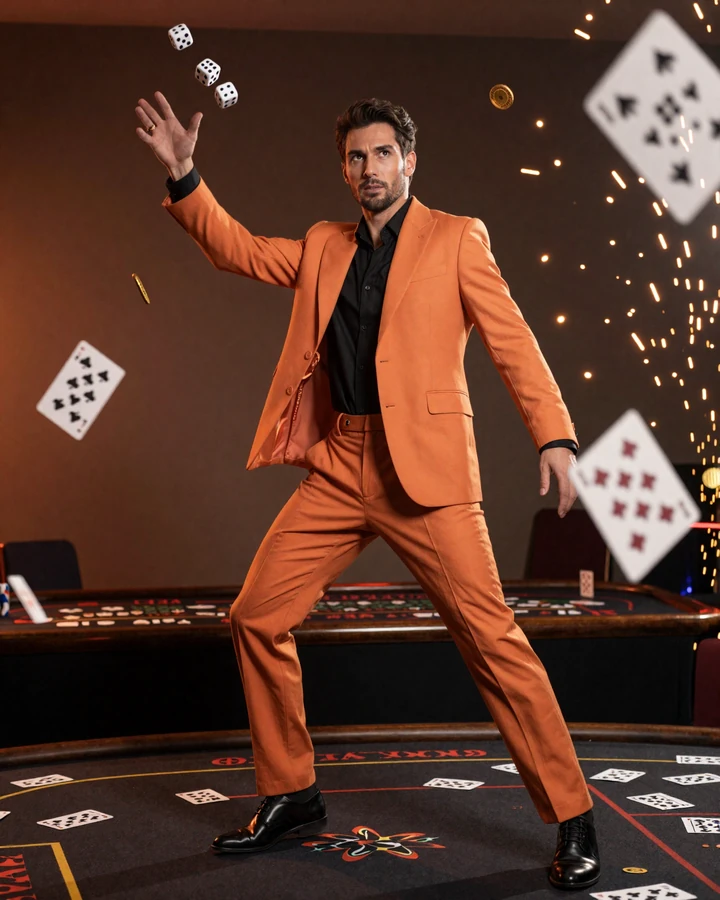Model im orangen Anzug wirft W&uuml;rfel auf dunklem Casino-Boden mit fliegenden Karten und goldenen Chips bei Vox Casino