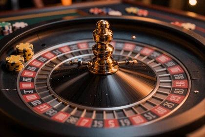 Drehendes Roulette-Rad mit goldenen Chips im Vox Casino